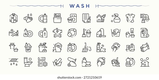 Symbolpaket waschen. Symbole für die Anwendung. Symbol-Set waschen. Enthalten lineare Zeichen Housekeeping, Reinigung, Hygiene, Sweep und mehr.
