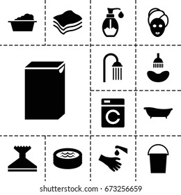 Wash icon. set of 13 filled washicons such as washing machine, shower, spa mask, bucket, window squeegee, laundry, hands washing, soap, jacuzzi, bath