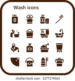  wash icon set. 16 filled wash icons. Simple modern icons about  - Gel, Bucket, Shampoo, Toothbrush, Basin, Bathtub, Soap, Shower