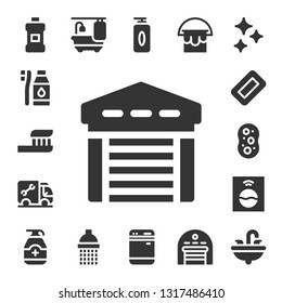 wash icon set. 17 filled wash icons.  Simple modern icons about  - Mouthwash, Tooth Brush, Toothbrush, Garage, Plumber, Soap, Sponge, Washing machine, Gel, Bathtub, Shower, Dishwasher