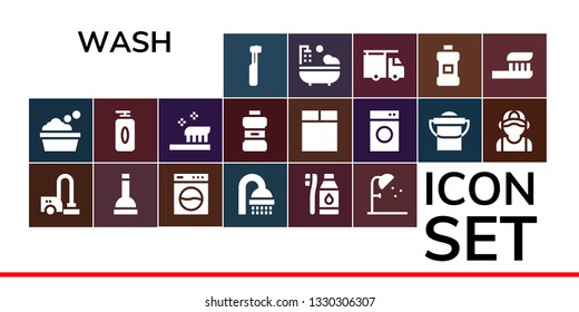 wash icon set. 19 filled wash icons.  Simple modern icons about  - Electric toothbrush, Bathtub, Vacuum cleaner, Plunger, Washing machine, Shower, Tooth Brush, Gel, Toothbrush