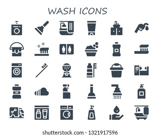 wash icon set. 30 filled wash icons.  Simple modern icons about  - Washing machine, Plunger, Bath, Gel, Sink, Gas station, Bucket, Toothbrush, Bathroom, Washbowl, Mouthwash, Machine