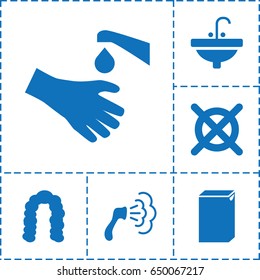 Wash icon. set of 6 wash filled icons such as hairstyle, shower, washing machine, no dry cleaning, sink