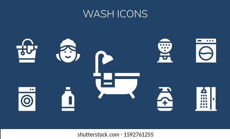 wash icon set. 9 filled wash icons. Included Bathtub, Detergent, Maid, Washing machine, Bucket, Shower, Gel, Machine icons