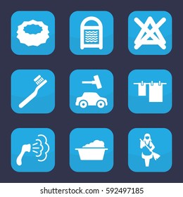 wash icon. Set of 9 filled wash icons such as toothbrush, shower, cloth hanging, laundry, sponge, car wash, no bleaching