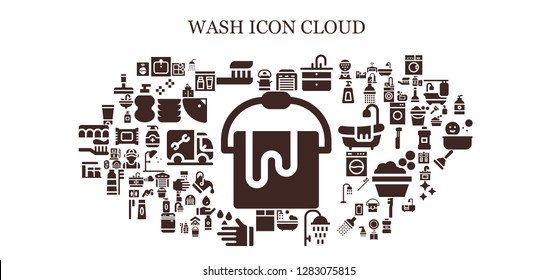 wash icon set. 93 filled wash icons. Simple modern icons about  - Bucket, Sink, Toothbrush, Garage, Bathtub, Shower, Washing machine, Wash, Gas station, Gel, Clean window, Plumber