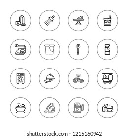 Wash icon set. collection of 16 outline wash icons with basin, bucket, bathtub, dish, iron, ironing, gas station, glass cleaner, rent a car, shower, toothbrush icons.