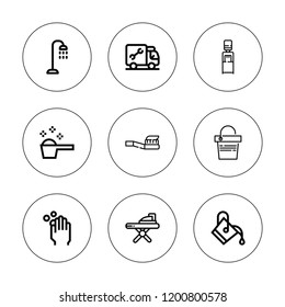 Wash icon set. collection of 9 outline wash icons with bucket, detergent, ironing, plumber, shower, washing hands, toothbrush icons. editable icons.