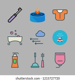 wash icon set. vector set about liquid soap, drop, toothbrush and pressure icons set.
