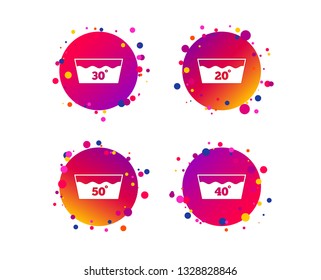 Wash icons. Machine washable at 20, 30, 40 and 50 degrees symbols. Laundry washhouse signs. Gradient circle buttons with icons. Random dots design. Vector