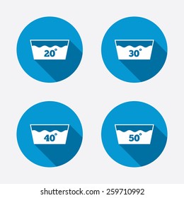 Wash icons. Machine washable at 20, 30, 40 and 50 degrees symbols. Laundry washhouse signs. Circle concept web buttons. Vector