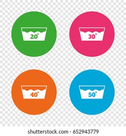 Wash icons. Machine washable at 20, 30, 40 and 50 degrees symbols. Laundry washhouse signs. Round buttons on transparent background. Vector