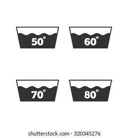 Wash icons. Machine washable at 50, 60, 70 and 80 degrees symbols. Laundry washhouse signs. Flat icons on white. Vector