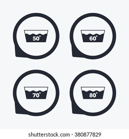 Wash icons. Machine washable at 50, 60, 70 and 80 degrees symbols. Laundry washhouse signs. Flat icon pointers.
