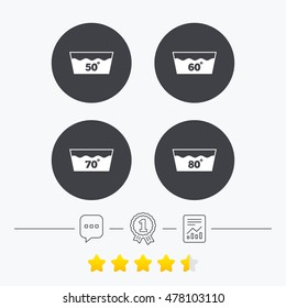 Wash icons. Machine washable at 50, 60, 70 and 80 degrees symbols. Laundry washhouse signs. Chat, award medal and report linear icons. Star vote ranking. Vector
