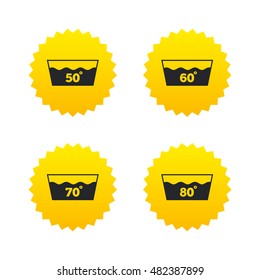 Wash icons. Machine washable at 50, 60, 70 and 80 degrees symbols. Laundry washhouse signs. Yellow stars labels with flat icons. Vector