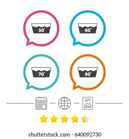 Wash icons. Machine washable at 50, 60, 70 and 80 degrees symbols. Laundry washhouse signs. Calendar, internet globe and report linear icons. Star vote ranking. Vector