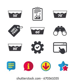 Wash icons. Machine washable at 50, 60, 70 and 80 degrees symbols. Laundry washhouse signs. Browser window, Report and Service signs. Binoculars, Information and Download icons. Stars and Chat. Vector