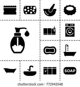 Wash icons. set of 13 editable filled wash icons such as shower, washing machine, sponge, clean window, soap, bucket, bath, soap