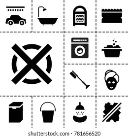Wash icons. set of 13 editable filled wash icons such as spa mask, toothbrush, sponge, car wash, bucket, shower, laundry