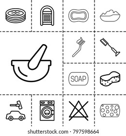 Wash icons. set of 13 editable outline wash icons such as toothbrush, washing machine, sponge, car wash, no bleaching, bucket, jacuzzi, baby bath, soap