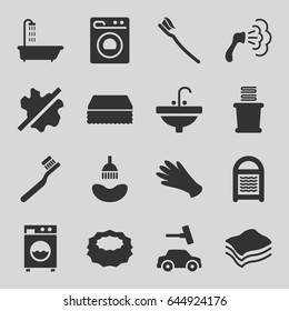Wash icons set. set of 16 wash filled icons such as shower, toothbrush, gloves, sponge, no wash, towels, sink