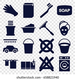 Wash icons set. set of 16 wash filled icons such as bucket, toothbrush, spa mask, gloves, soap, window squeegee, cloth hanging, washing machine, laundry, car wash