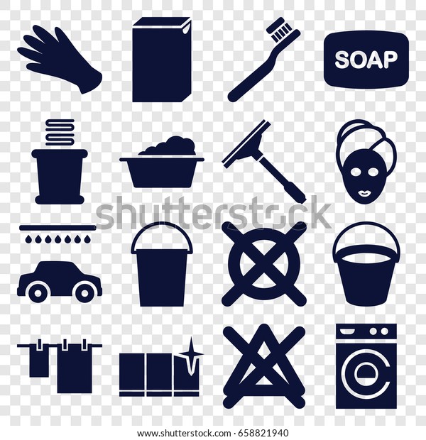 Wash icons set. set of 16 wash\
filled icons such as bucket, toothbrush, spa mask, gloves, soap,\
window squeegee, cloth hanging, washing machine, laundry, car\
wash