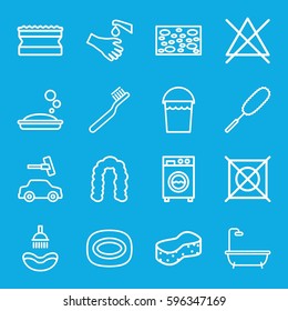 wash icons set. Set of 16 wash outline icons such as shower, hairstyle, toothbrush, soap, bucket, sponge, car wash, dust brush, no bleaching, no dry cleaning, hands washing