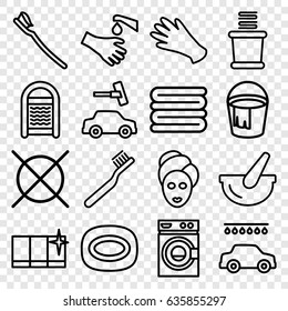 Wash icons set. set of 16 wash outline icons such as toothbrush, spa mask, gloves, soap, towels, bucket, washing machine, sponge, car wash, clean window, no dry cleaning