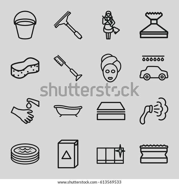 Wash icons set. set of 16 wash\
outline icons such as bucket, spa mask, window squeegee, sponge,\
toothbrush, shower, washing machine, car wash, clean window,\
maid