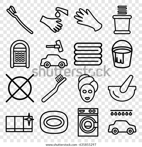 Wash icons set. set\
of 16 wash outline icons such as toothbrush, spa mask, gloves,\
soap, towels, bucket, washing machine, sponge, car wash, clean\
window, no dry cleaning