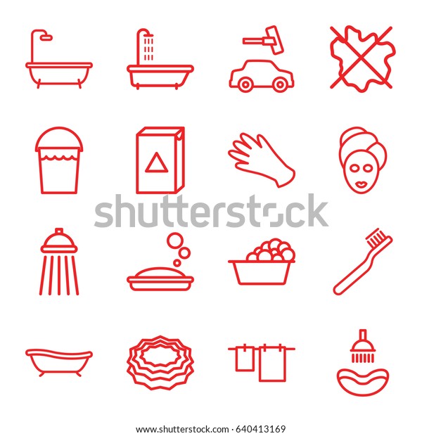 Wash icons set. set of 16 wash outline icons such\
as shower, toothbrush, spa mask, gloves, soap, bucket, no wash,\
cloth hanging, laundry,\
sponge