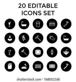 Wash icons. set of 20 editable filled and outline wash icons such as shower, toothbrush, soap, sponge, clean wine glass, sink, gloves, window squeegee, bucket, maid