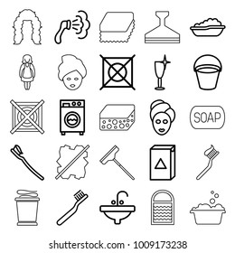 Wash icons. set of 25 editable outline wash icons such as bucket, baby bath, toothbrush, spa mask, shower, washing machine, clean wine glass, no dry cleaning, sink