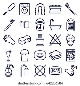 Wash icons set. set of 25 wash outline icons such as soap, hairstyle, toothbrush, spa mask, gloves, soap, bucket, shower, cloth hanging, washing machine, sponge