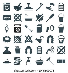 Wash icons. set of 36 editable filled wash icons such as washing machine, hairstyle, toothbrush, soap, window squeegee, no wash, shower, sponge, dust brush, no bleaching