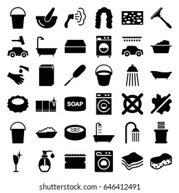 Wash icons set. set of 36 wash filled icons such as bucket, shower, baby bath, hairstyle, soap, window squeegee, sponge, no wash, washing machine, laundry, clean wine glass
