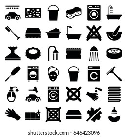Wash icons set. set of 36 wash filled icons such as shower, washing machine, spa mask, gloves, window squeegee, bucket, sponge, towels, toothbrush, no wash, laundry