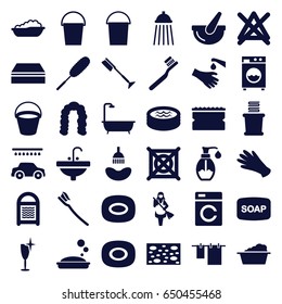Wash icons set. set of 36 wash filled icons such as bucket, washing machine, baby bath, soap, shower, hairstyle, toothbrush, gloves, soap, sponge, cloth hanging, laundry