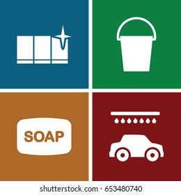 Wash icons set. set of 4 wash filled icons such as soap, car wash, clean window