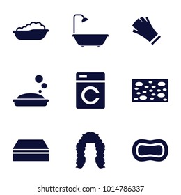 Wash icons. set of 9 editable filled wash icons such as washing machine, baby bath, soap, sponge, hairstyle, gloves