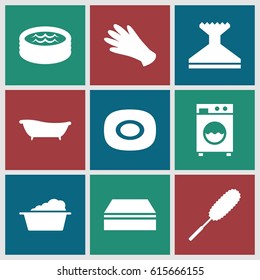 Wash icons set. set of 9 wash filled icons such as soap, gloves, sponge, window squeegee, laundry, dust brush, jacuzzi, bath