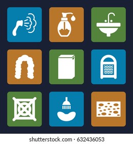 Wash icons set. set of 9 wash filled icons such as shower, hairstyle, sponge, washing machine, no dry cleaning, sink