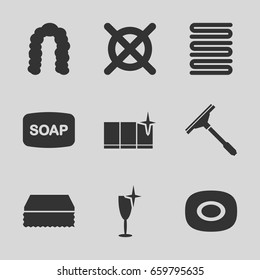 Wash icons set. set of 9 wash filled icons such as soap, hairstyle, soap, window squeegee, sponge, towels, clean wine glass, clean window
