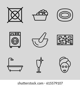 Wash icons set. set of 9 wash outline icons such as spa mask, soap, sponge, shower, laundry, clean wine glass, no dry cleaning, bucket