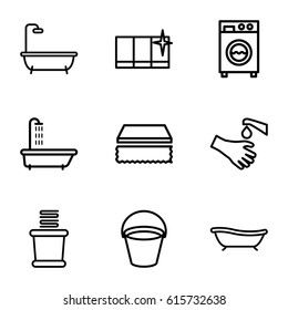 Wash icons set. set of 9 wash outline icons such as shower, bucket, sponge, clean window, towels, hands washing, bath