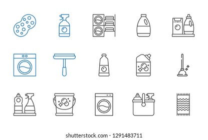 wash icons set. Collection of wash with beach towel, cleaning, washing machine, bucket, window cleaner, plunger, detergent, sponge. Editable and scalable wash icons.