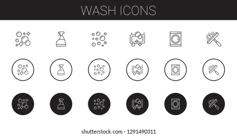 wash icons set. Collection of wash with bubbles, window cleaner, soap, washing machine. Editable and scalable wash icons.