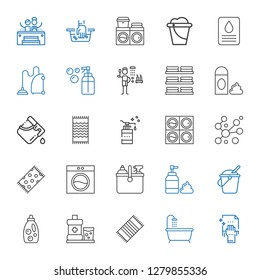 wash icons set. Collection of wash with cleaning, bathtub, beach towel, mouthwash, detergent, bucket, foam, washing machine, bubbles, soap, dishes. Editable and scalable wash icons.